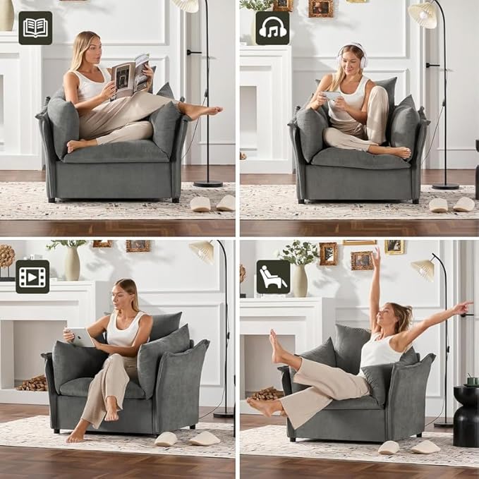 Chenille Oversized Armchair Modern Accent Chair Single Sofa Lounge Chair Chenille Fabric 40 Wide 23.6 Seat Deepth Comfortable Seating for Living Room Bedroom (Grey)