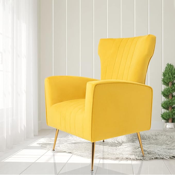 Generic Velvet Accent Chair Wingback Arm Chair with Gold Legs Upholstered Single Sofa for Living Room Bedroom Yellow
