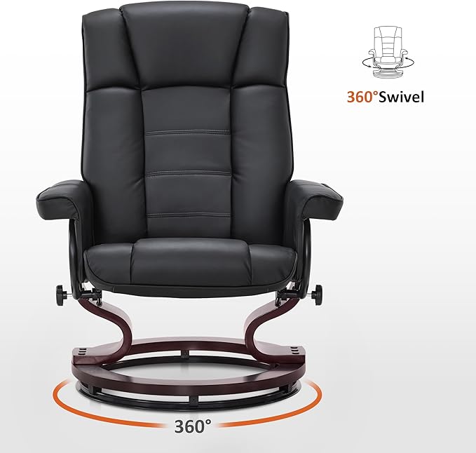 MCombo Manual Swivel Recliner with Ottoman Chair Ottoman Set for RV Small Spaces Living Room Bedroom Office 9019 4919 (Faux Leather Black)