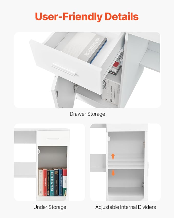 VEVOR Small Desk with Drawer Kids Desk for Bedroom Wooden Simple Study Table for Drawing Reading Writing Rectangle MDF Study Storage Table with Adjustable Shelf for Home Office White