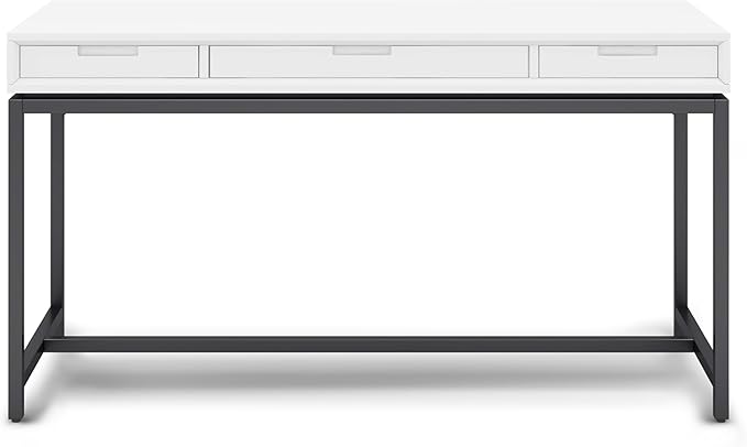 SIMPLIHOME Banting Desk - 60 Inch Wide Solid Wood and Metal Writing Desk in White Modern Industrial Home Office Computer Table for Study with 2 Drawers and Flip-Down Keyboard Tray