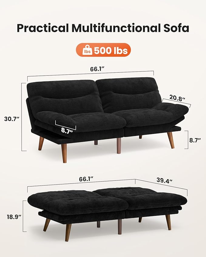 66″Futon Sofa Bed3-in-1 Futon Couch w/Adjustable Backrest &amp Armrests Convertible Sleeper Sofa Bed Small Folding Sleeper Recliner w/Removable Cushion for Apartment Living RoomOffice (66inBlac