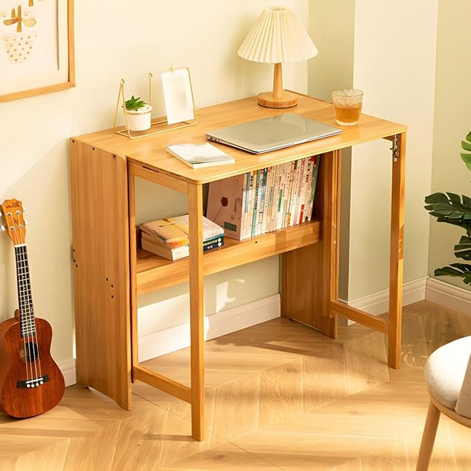 RUNNUP Modern Office Desk 33 L Computer Desk with Wood Base and Collapsible Feature Rectangular Home Writng Working Desk for Living Room Classroom Study Room - Without Chairs Natural