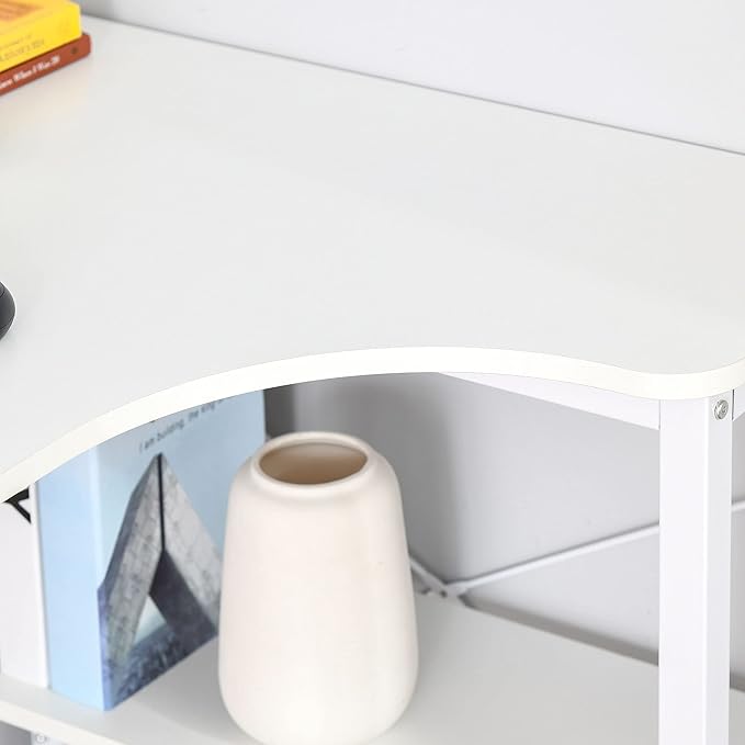 Industrial L Shaped Computer Desk with 2 Side Shelves and Steel e Corner Desk Study Workstation for Home Office White