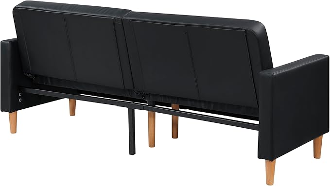 Lexicon 79W Convertible Futon Sofa Bed Loveseat Faux Leather Upholstered Couch Sleeper Adjustable Backrests Padded Pocket Coil Solid Wood Legs for Living Room Bedroom Apartment Office Black
