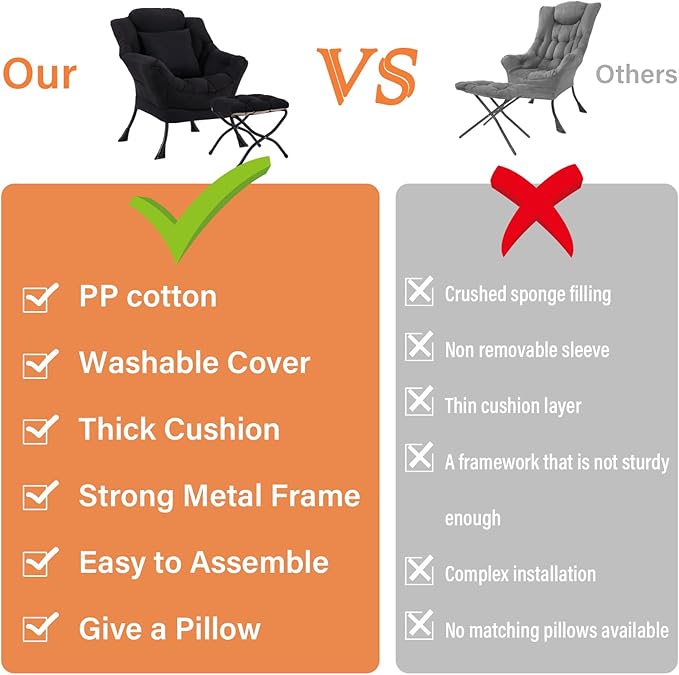 Lazy Chair with Ottoman Large Accent Chair with Ottoman and a Throw Pillow Black Reading Chair for Living Room Bedroom Dorm Room Office Apartment Relaxing Use