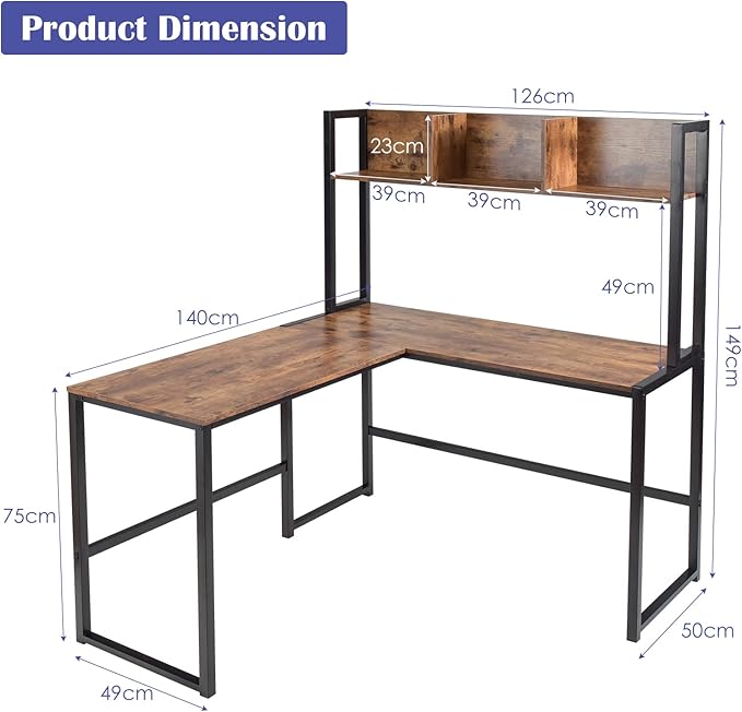 MEDIMALL L-Shaped Desk w/Storage Shelf Reversable Corner Desk Game Table w/Sturdy Metal Frame Multifunctional Computer Desk for Home Office (Rustic Brown)
