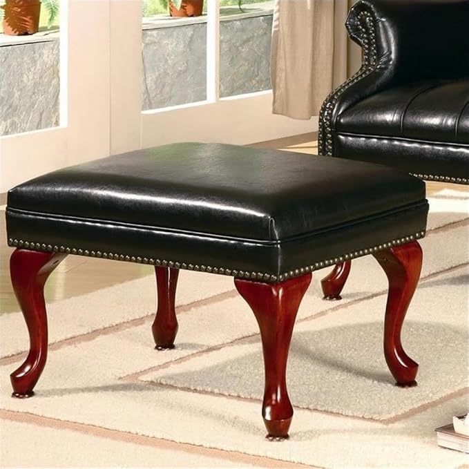 Stonecroft Furniture Tufted Faux Leather Arm Chair and Ottoman Black Upholstery Wingback Design with Nailhead Trim Espresso-Finished Legs Traditional Style for Living Room or Study