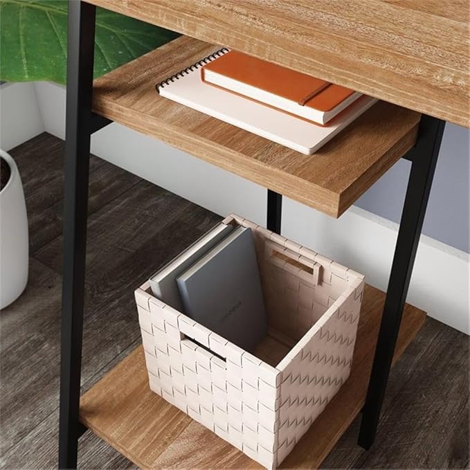 Pemberly Row Mid-Century Engineered Wood Computer Desk Sindoori Mango/Brown Finish 43 in Wide 54 in Tall Durable Metal Frame with Hutch Modern Small Office Desk for Home or Workspace