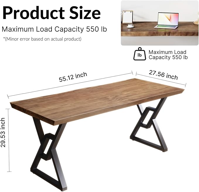 Solid Wood Rustic Style 55.1-inch Computer Desk - Large Office Desk for Home Office Modern and Simple Design Ideal for DiningStudy Writing (Black-w 55.12 * 27.56 * 29.53)