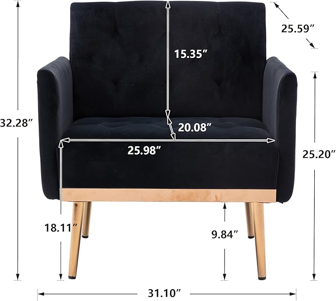 Modern Accent Chair Upholstered Single Sofa Arm Chair for Living Room and Bedroom Upholstered Comfy Armchair Chair with Solid Tapered Metal Legs (Black)