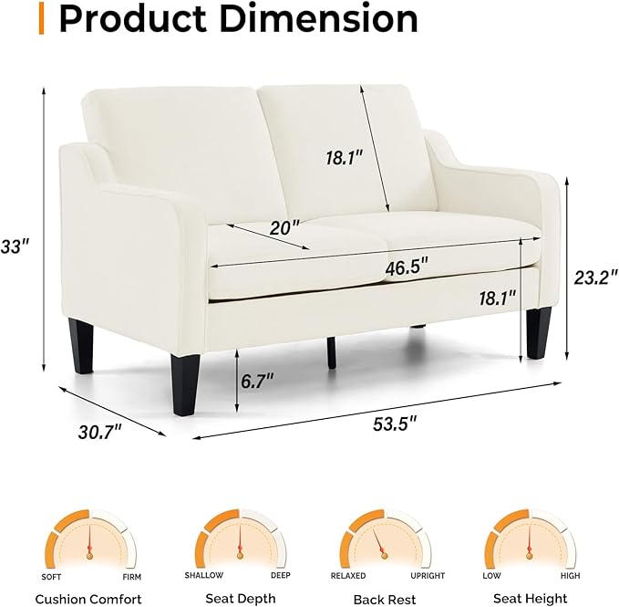VINGLI Loveseat Mid-Century Modern Loveseat Sofa Couch 53 Wide 2 Seater Sofa Couch Love Seat with Scooped Armrest for Small Spaces Living Room Dorm Bedroom Apartment (Creamy White)