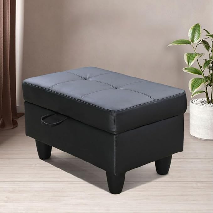 Black White L-Shaped 3-Piece Faux Leather Sofa with Storage Ottoman Set Sectional Couch Sofa Set for Living Room Office Small Space
