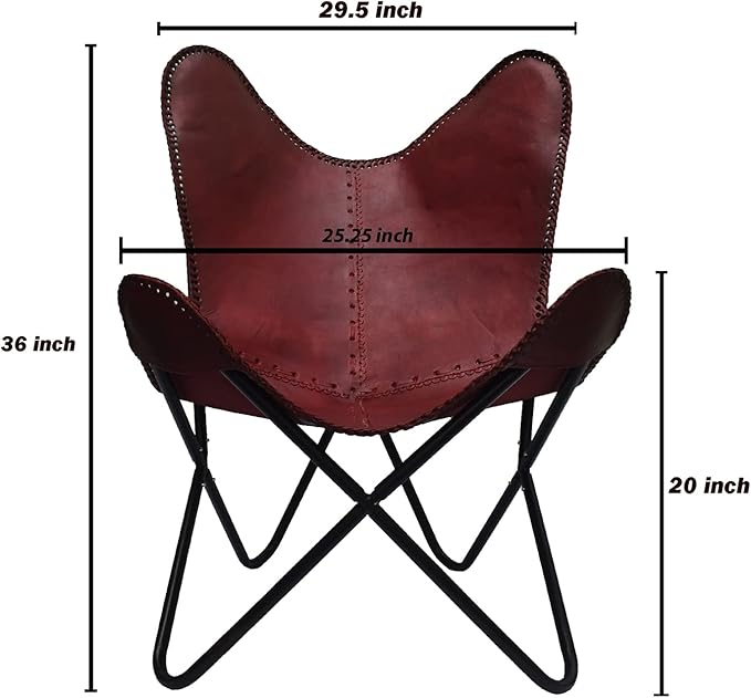 Brown Leather Accent Chair/Handmade Leather Butterfly Chair with Ottoman Boho Home Décor/Living Room Chair- Cover with Folding Frame (Black Iron Frame)