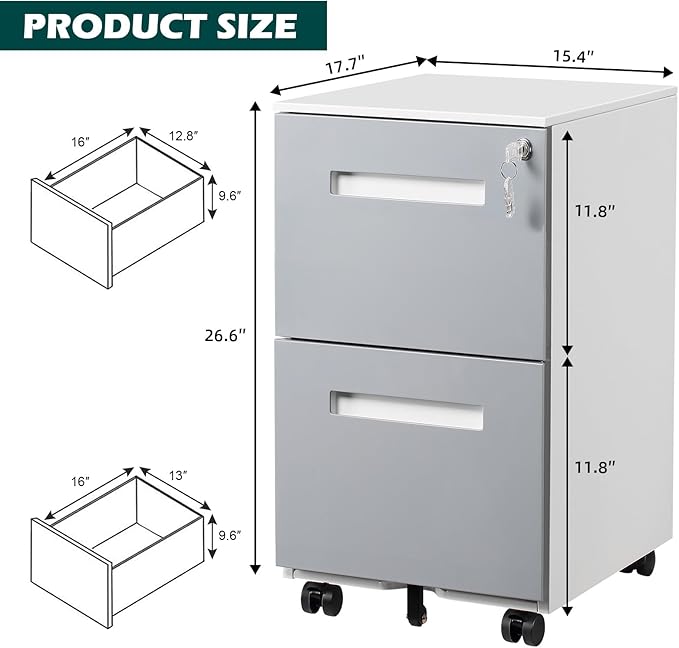 2 Drawer Mobile File Cabinet with Lock &amp Wheel Under Desk Rolling Vertical Filing Cabinet Anti-Tipping Design Metal Storage Cabinet for Legal Letter A4 (Gray)