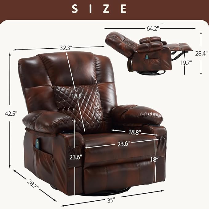 Faux Leather Swivel Rocker Recliner with Heat and Massage Cup Holders Overstuffed Rocking Glider Chair Heated Massaging Reclining Chair Brown