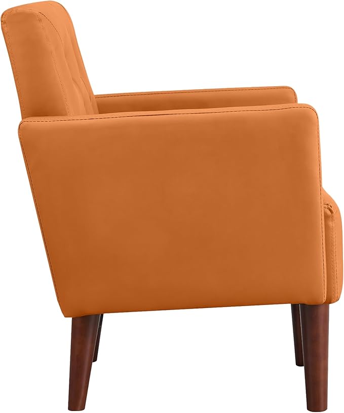Accent Chairs Leather Accent Chair Modern Upholstered Living Room Chair Cozy Armchair Button Tufted Back and Wood Legs for Bedroom Office Cafe (Orange)