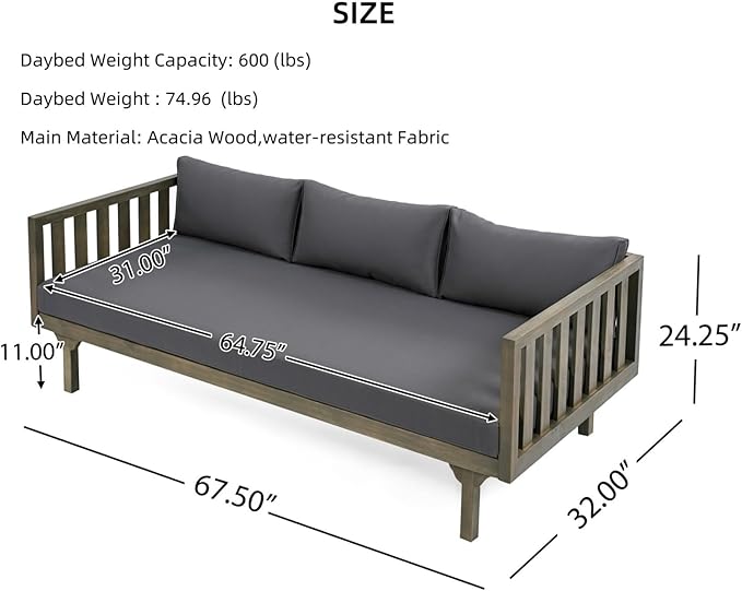 Merax Solid Acacia Wood Couch Chaise Lounge Chair Indoor 3 Seater Daybed Sofa Couches with Cushions &amp Pillow Heavy Frame Day Bed for Living Room Office Outdoor Balcony Patio Water Resistant