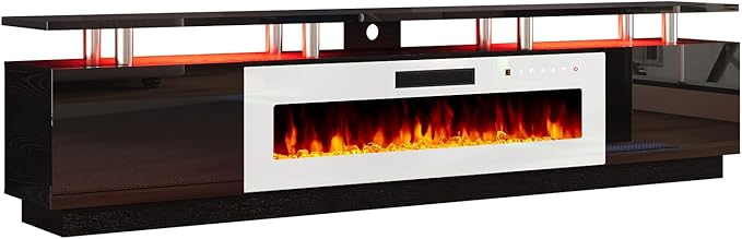 AMERLIFE 90 2 Tier Fireplace TV Stand with 50 Fireplace Modern Large Entertainment Center LED Lights Media Console Table Storage Cabinet for TVs Up to 100 Living Room Black &amp White