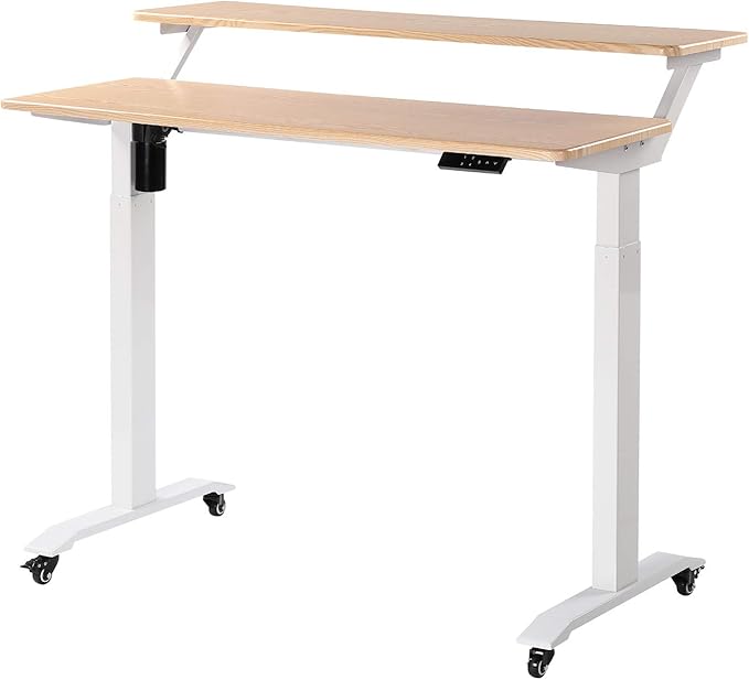 UNICOO Electric Height Adjustable 2-Tier Raising Desk with Wheels Mobile Standing Desk with Monitor Stand Ergonomic Adjustable Computer Table Electric Standing Game Table for Home Office