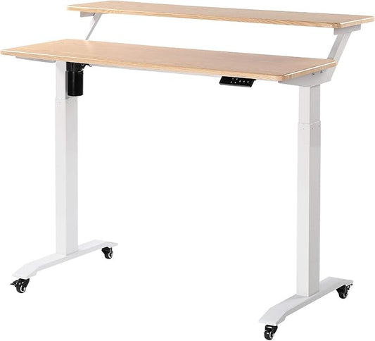 UNICOO Electric Height Adjustable 2-Tier Raising Desk with Wheels Mobile Standing Desk with Monitor Stand Ergonomic Adjustable Computer Table Electric Standing Game Table for Home Office