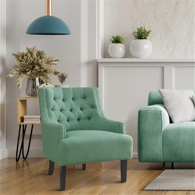 Pemberly Row Upholstered Accent Chair Teal Fabric Solid Wood Frame Button-Tufted Back Nailhead Trim Espresso Finish Legs 34.75 H x 28 W x 30.25 D Modern Traditional Living Room Seating