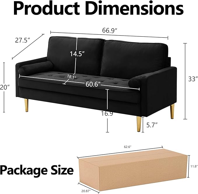 65 Loveseat Sofa with 2 Pillows Comfy Love Seat Cuches with Gold LegsVelvet Small Couchs for Living Room Bedroom Office ApartmentMid Century Modern Couch (Black)