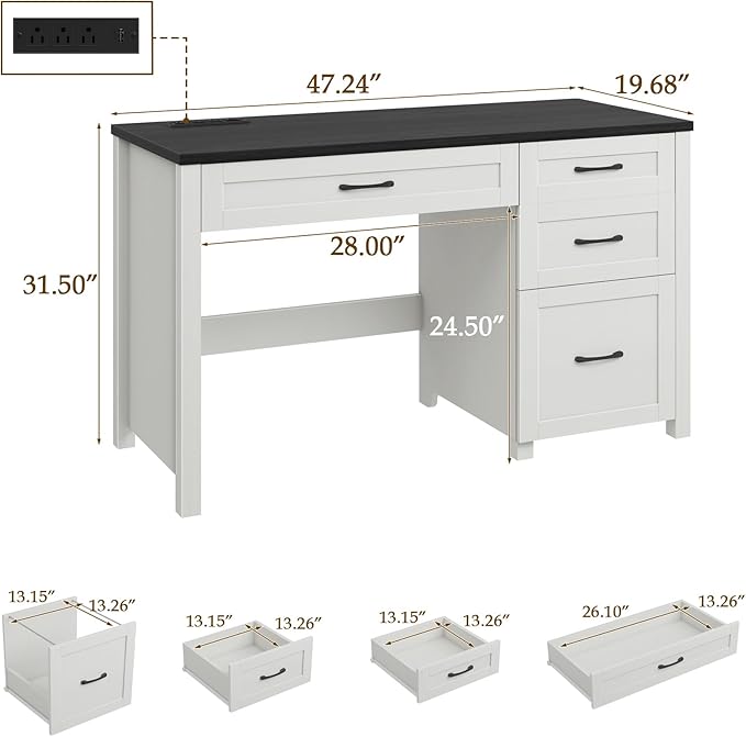 Vabches Farmhouse 47 Executive Desk with 4 Drawers Computer Desk with File Drawer and Charging Station Workstation for Home Office Study.（Black）
