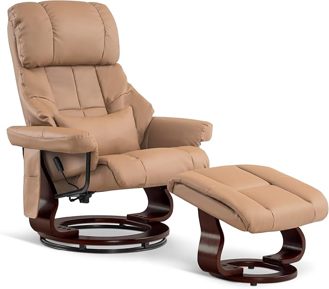 MCombo Manual Swivel Recliner with Ottoman Reclining Chair with Vibration Massage for Small Spaces Living Room Office Faux Leather 9068 (Cognac)
