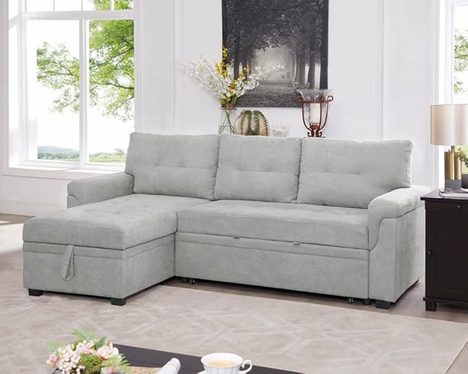 Naomi Home 85 in. Convertible Sofa with Storage Reversible L Shape Sofa Couch with Chaise Comfy Couches for Living Room Gray/Velvet