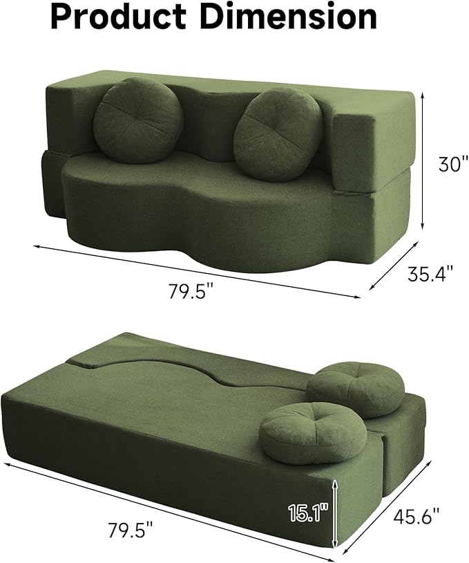 2-in-1 Convertible Folding Sofa Bed Sleeper Sofa with Pillow Teddy Fabric High-Density Foam Floor Mattress Sleeper for Living Room Guest Use Office Apartment No Assembly Required (Green)
