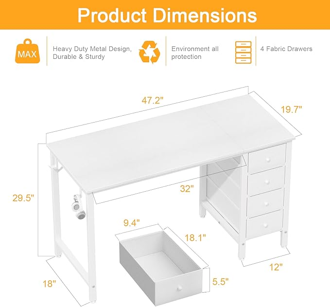DLisiting 47 inch Desk Fabric Drawers - White Office Vanity Modern Cute PC Writing White Desk with Storage for Bedroom Home Office Computer Desks for Girls Teens Childrens