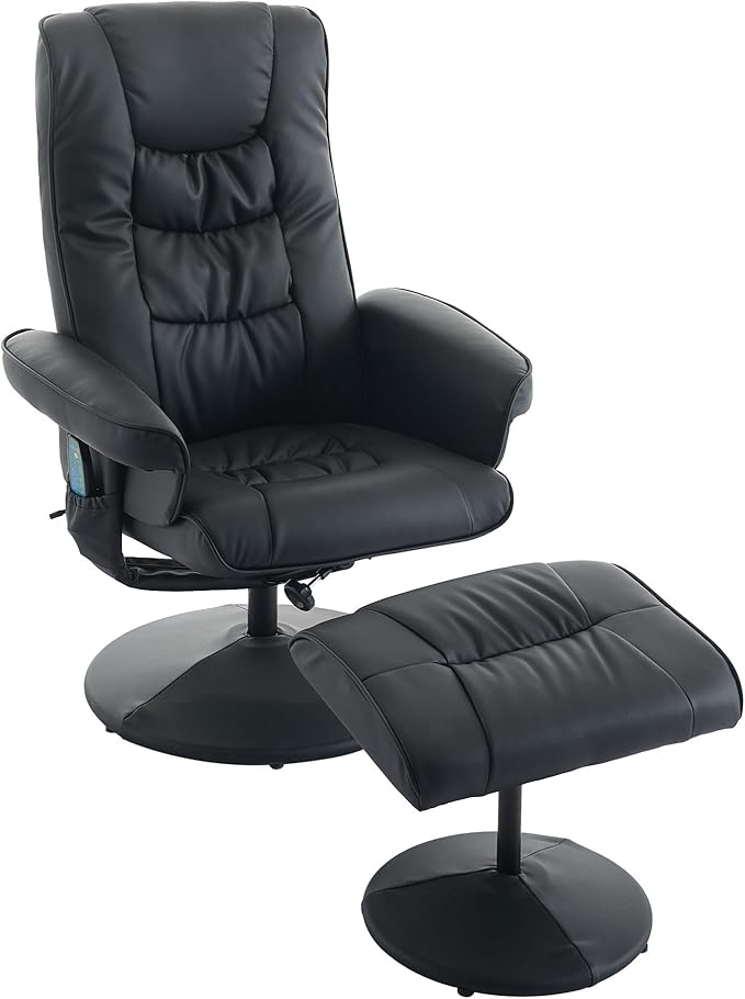140° Adjustable PU Leather Recliner Chair with Ottoman 360° Swivel Massage Lounge Chair with 5-Point Vibration &amp Heated Seat for Living Room Home Theater or Office (Black)