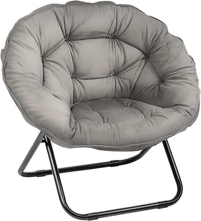 Folding Saucer Chair Lazy Moon Chair with Metal Frame Comfy Bedroom Chairs for Bedroom Living Room Study Grey JC