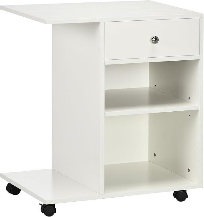 White Mobile Filing Cabinet with Drawer 2 Open Storage Spaces 4 Wheels Rectangular Portable Filing Cabinet Modern for Office Study Room