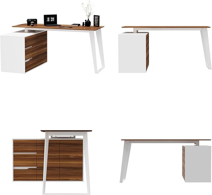 Homsee Home Office Computer Desk Corner Desk with 3 Drawers 2 Shelves &amp 2 Doors 55 Inch Large L-Shaped Study Writing Table with Storage Cabinet White &amp Brown (54.3”L x 40.9”W x 29.1”H)