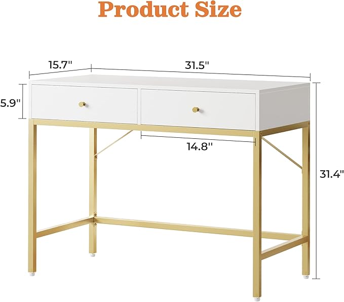SUPERJARE 31.5 White and Gold Desk with 2 Drawers Modern Vanity Desk Small Makeup Table for Home Office Writing Study Bedroom