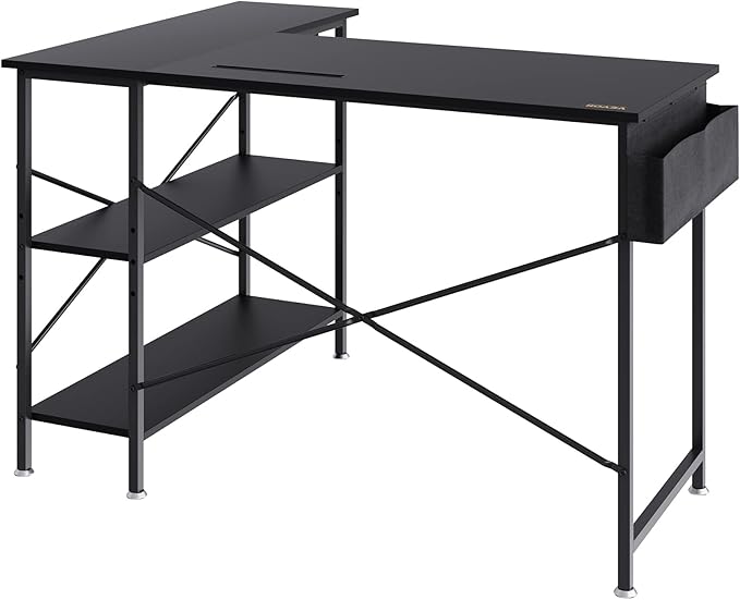 VEVOR L Shaped Computer Desk 47' Corner Desk with Storage Shelves Bag Phone Slot and Headphone Hook L Shaped Office Desk Gaming Desk for Home Office Workstation Black