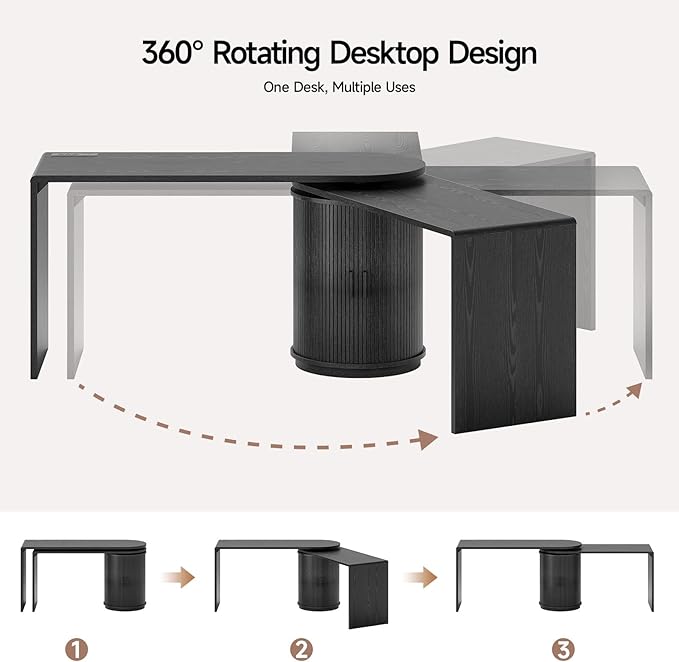 ONBRILL 60 Inch L Shaped Desks with Power Outlets360° Rotating Fluted Computer Desk with Storge Swivel Corner Table for Home OfficeWorkstationStudy RoomBlack