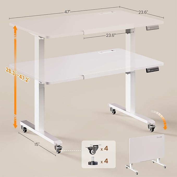 SEDETA 47 x 24 Inches Electric Standing Desk 180° Tiltable Mobile Rising Computer Desk Height Adjustable with Wheels for Drawing/Writing/Gaming/Study/Home Office/Small Space White