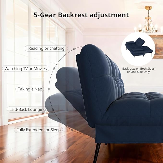 COMHOMA Convertible Sofa Bed72″Fabric Couch with Adjustable BackrestLoveseat Recliner Sleeper Living Room Furniture futon Set (Blue)
