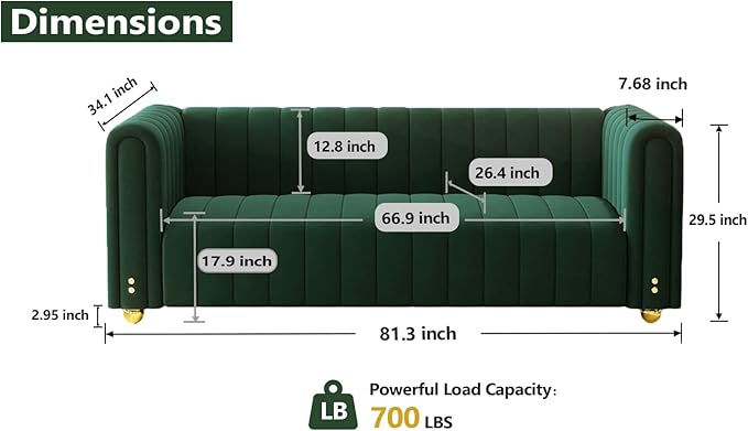 81.3'' Green Velvet Modern Mid Century Deep Seat Sofa Oversized 3-Seater Loveseat Comfy Couch for Living Room and Apartment Furniture