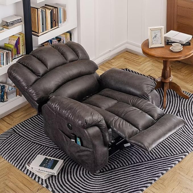 Lay Flat Sleeping Dual OKIN Motor Electric Lift Recliner with Heat Massage for Big Man Large Infinite Position Reclining Chair Up to 350 LBS for Living Room 2 Remote Controls Grey