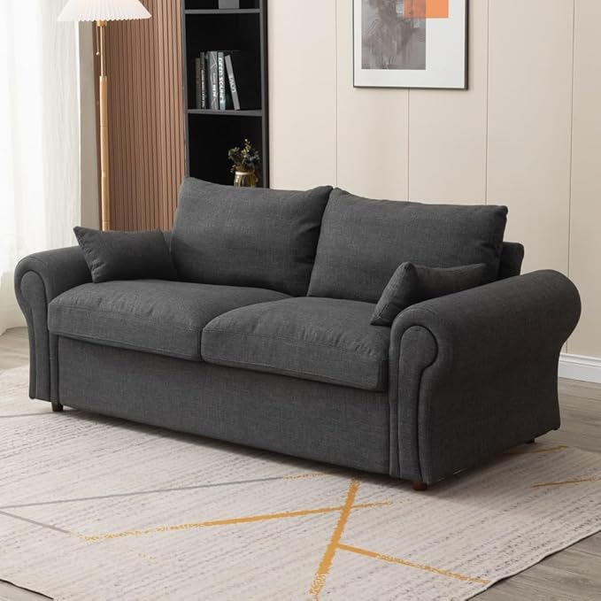Panana Modern 2 Seater Loveseat Sofa Couch with Storage Dark Grey or Light Color Choice of Curved Sock or Track Arm Design (Dark Gray 3 Seater - Scroll Arms)