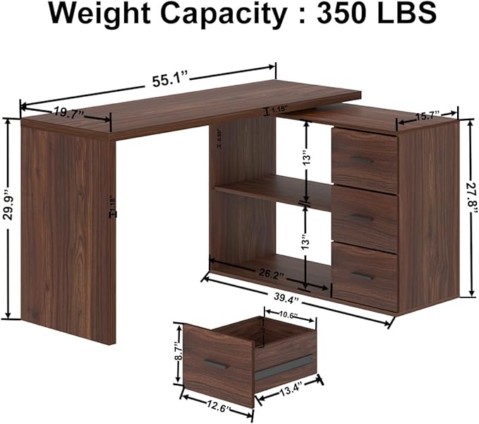 HSH Walnut Home Office Desk L Shaped with Drawers Reversible Wood Computer Desk Table for Executive Work Writing Study Gaming Rustic Corner L Desk with Storage Cabinet Shelves for Bedroom 55 Inch