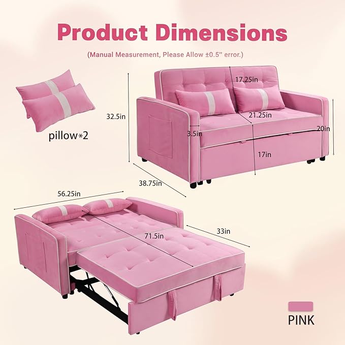 71 Loveseat Sleeper Sofa 3 in 1 Convertible Sofa Bed Adjustable Backrest Comfy Pull Out Couch Modern Upholstered Sofa for Living Room Bedroom Apartment Small Space (Pink)