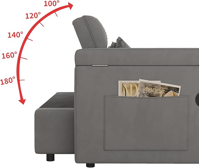 65'' 3-in-1 Convertible Sofa Bed with Adjustable Backrest Pull Out Sofa Velvet Couch Sleeper Side Table Easy Assembly for Living Room &amp Apartments Dark Gray