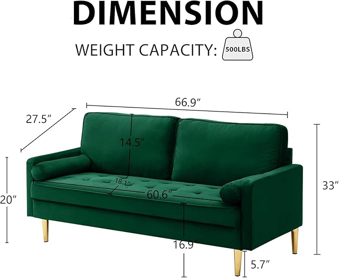 66.9“ Loveseat SofaModern Velvet Small CouchButton Tufted Upholstered Furnituremini CouchSmall loveseat with 2 PillowsSuitable for Living Room Bedroom Apartment. (Green)