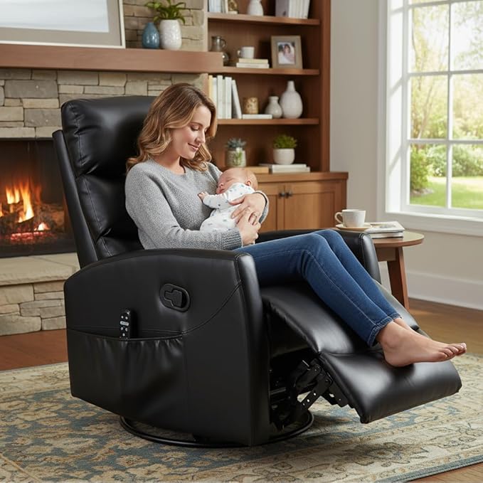 PELUMY 360° Swivel Rocker Recliner with Heat &amp Vibration Massage Glider Rocking Chair for Adults Compact Recliner for Living Room Small Spaces Nursery Bedroom (Breathable Leather Black)