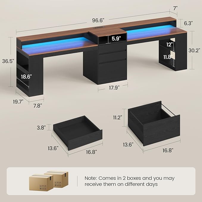 96.6 Long Computer Desk 2 Person Desk with LED Lights &amp Power Outlet Modern Two Person Gaming Desk with File Drawers Monitor Stand Printer Shelf ＆ Storage Double Table for Home Office Black